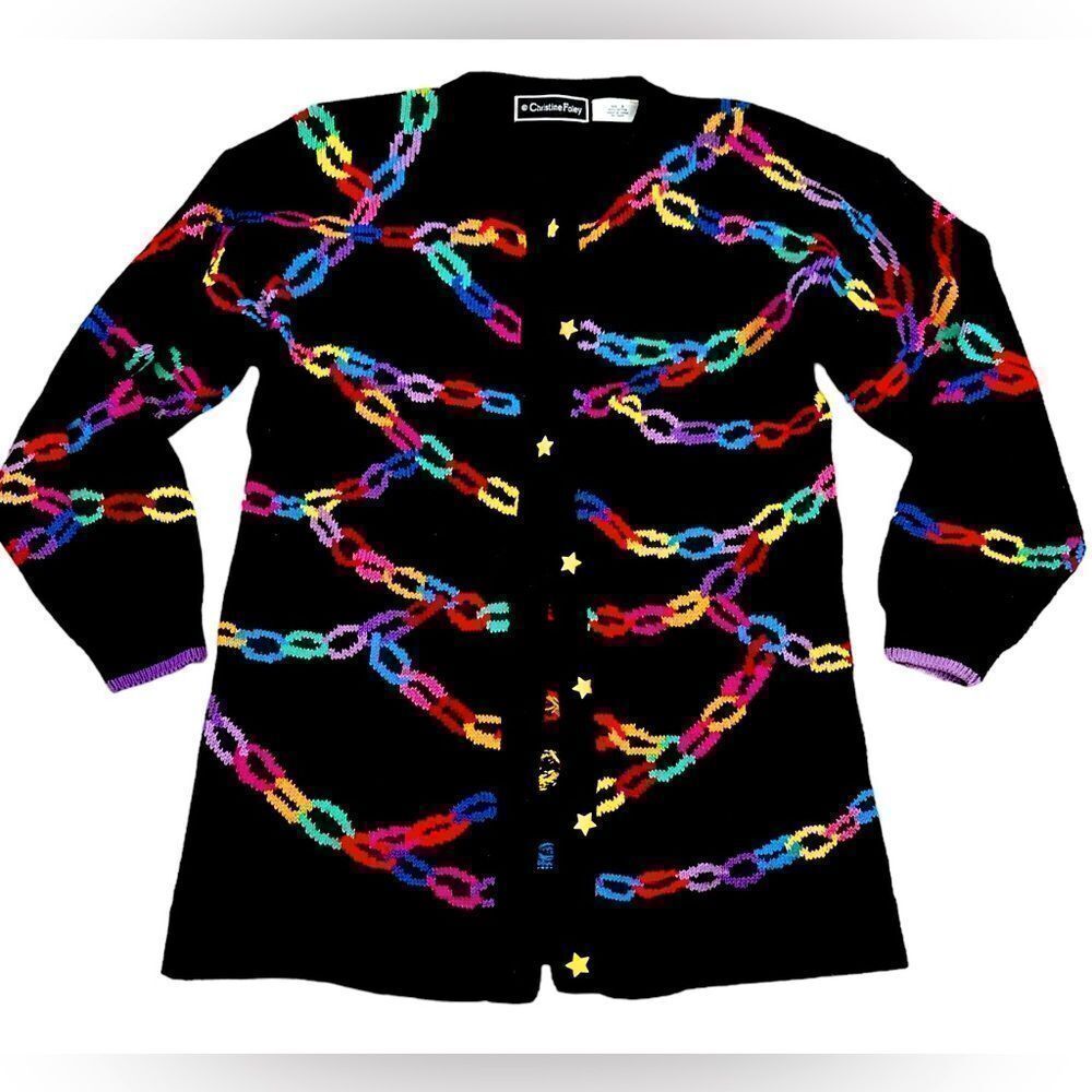 Vintage Christine Foley colorful black cardigan sweater yellow star buttons